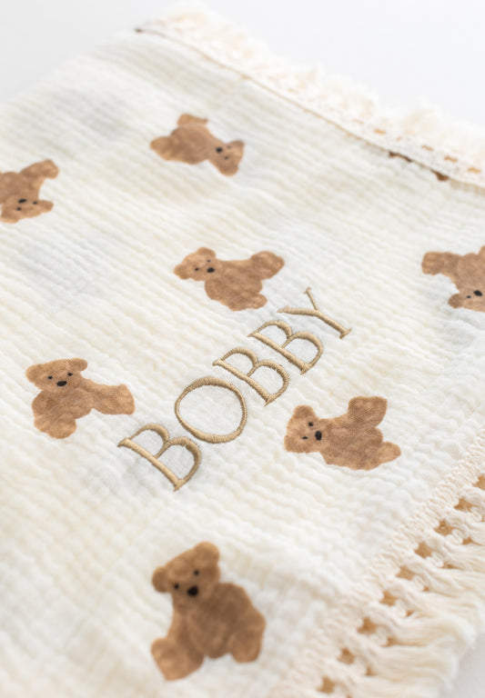 Bear Ruffle Muslin Baby Blanket – Soft & Breathable Comfort